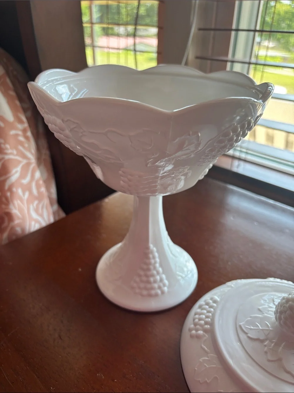 White Covered Pedestal Compote Vase with Grape Motif milk glass vintage